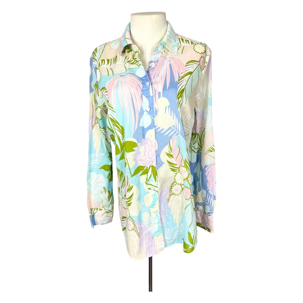 Talbots Womens Pastel Tropical Floral Cotton Button Down Blouse Size M